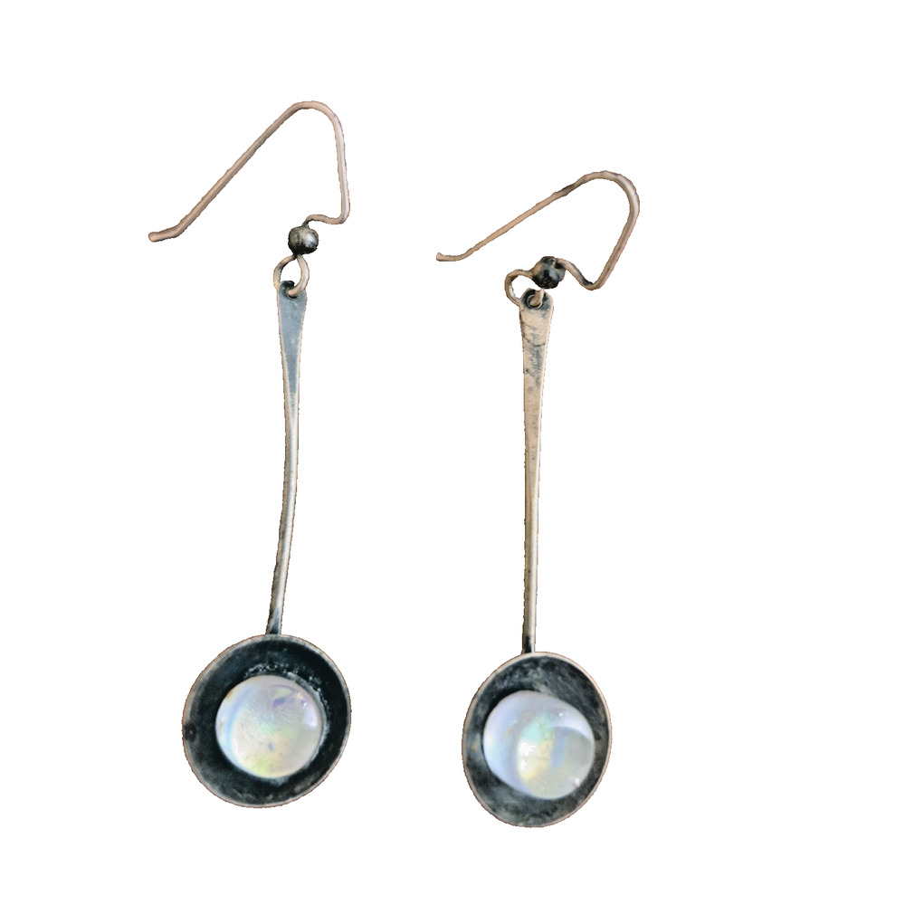 Handmade Sterling Silver Oxidized dichroic glass dangle earrings - Picture 2 of 9